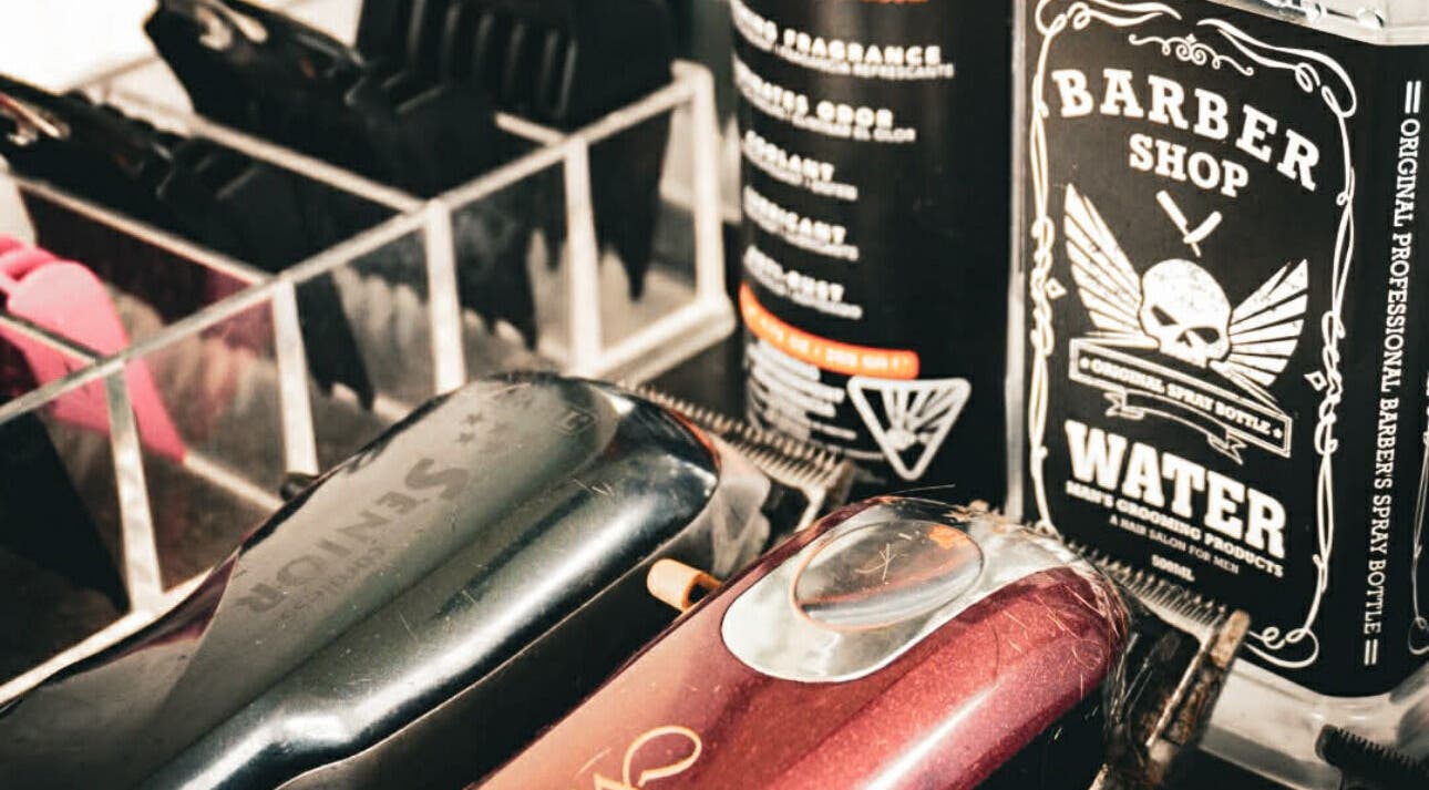 Close-up of barber tools at The Vigilante Barber, Erakala, Queensland, AU. Clippers and grooming products.