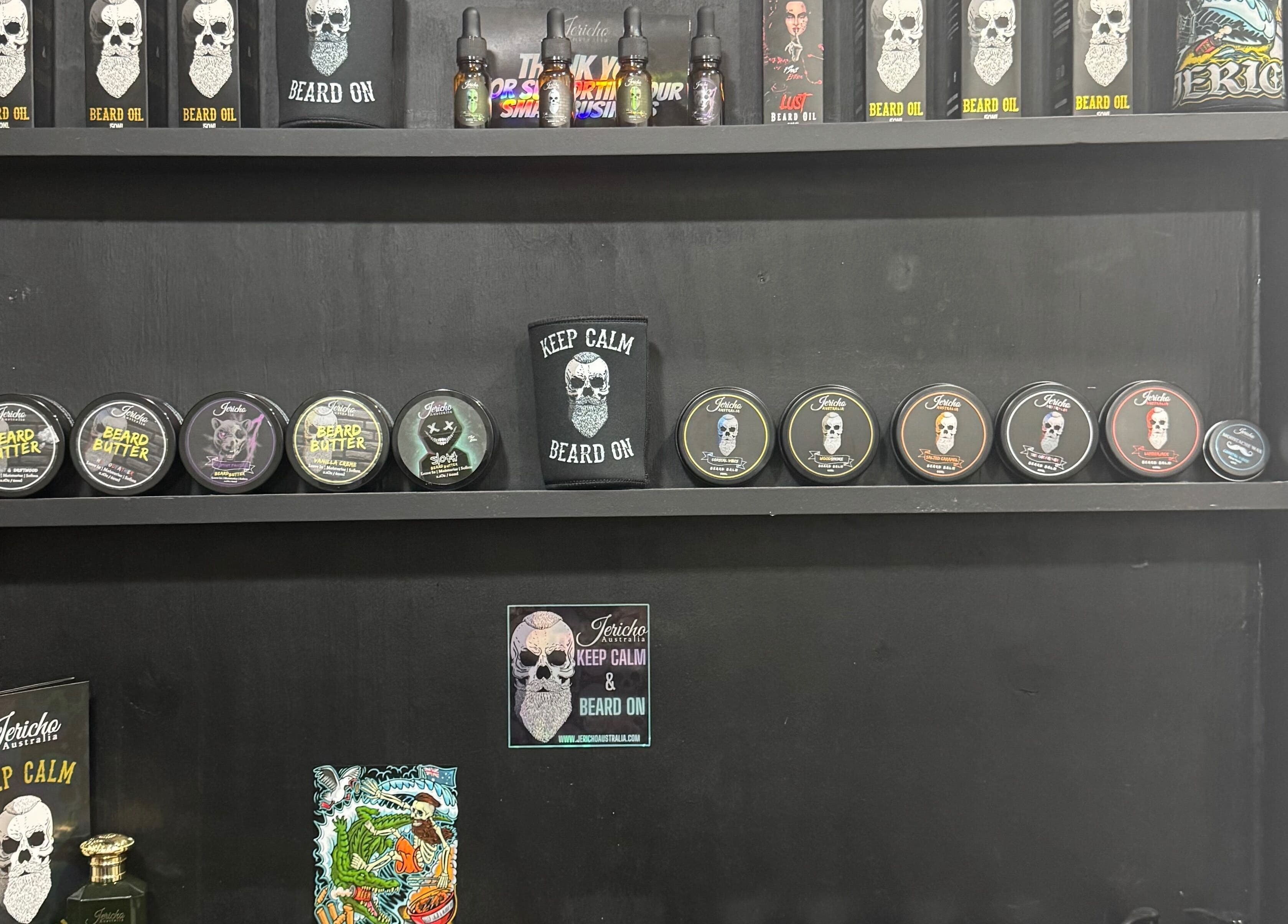 Shelves of beard care products at The Vigilante Barber in Erakala, Queensland, AU offering premium grooming.