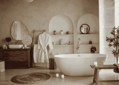 Luxurious spa room at ELILA Spa & Retreat, Kuala Lumpur, featuring a soaking tub and natural decor.