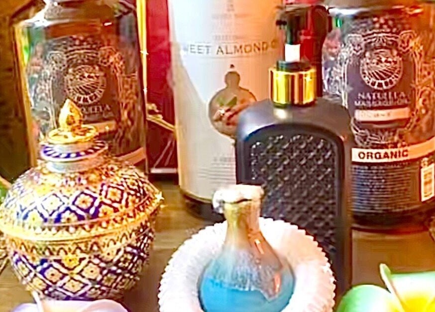 Luxurious spa oils and bottles at Jasmine Thaispa in Shinjuku City, Tokyo, JP showcasing wellness essentials.