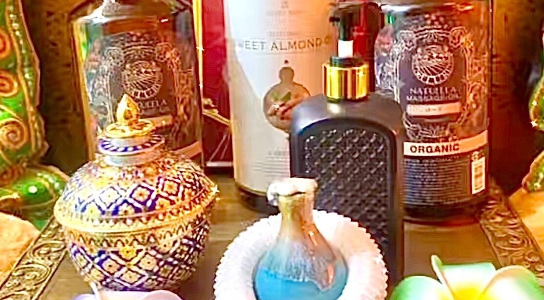 Luxurious spa oils and bottles at Jasmine Thaispa in Shinjuku City, Tokyo, JP showcasing wellness essentials.