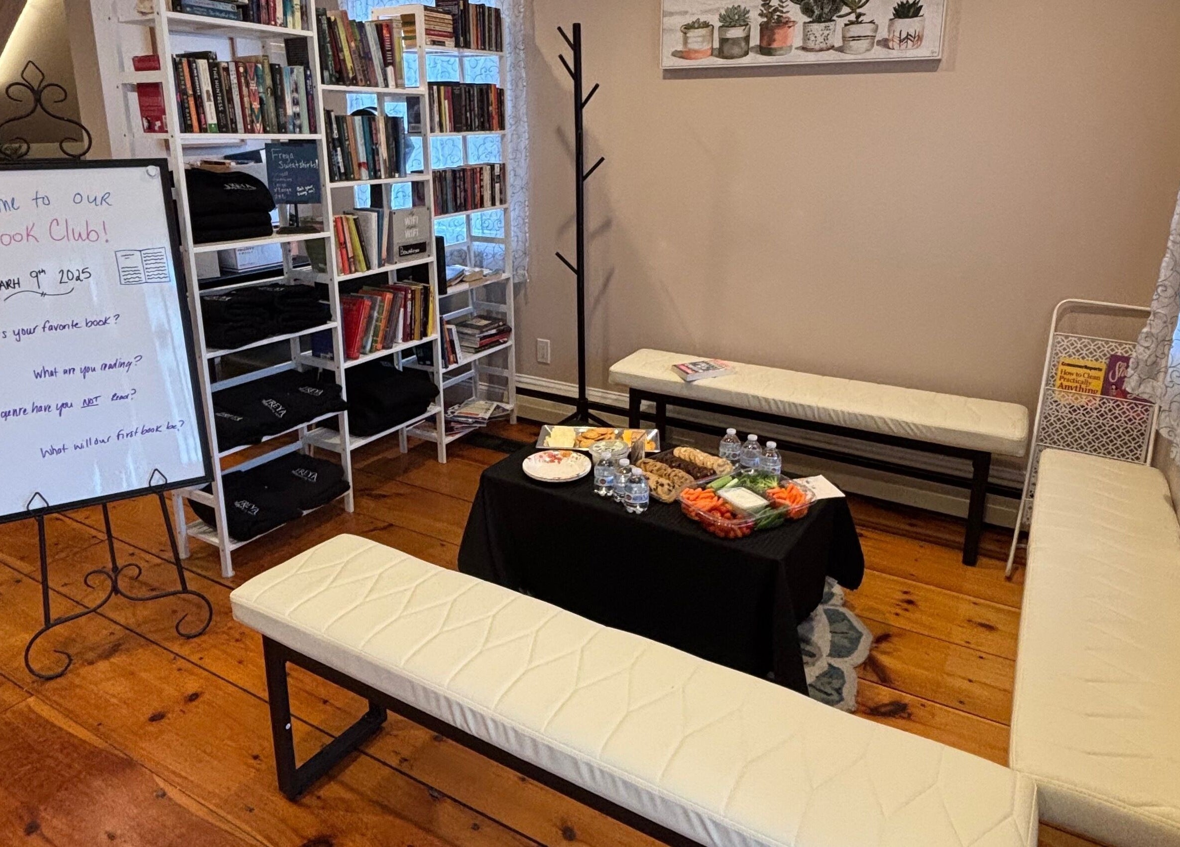 Freya Beauty Salon's welcoming book lounge in Derry, New Hampshire, with books and cozy seating.