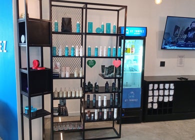 Stylish product display at St Tropez Homme Barbershop, Cape Town, Western Cape, ZA.