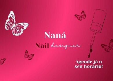 Imagem promocional da Naná Nails em Minas Gerais. Borboletas e esmalte atraem clientes para beleza e bem-estar.