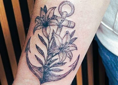 Detailed anchor and flower tattoo at Indecisive Create in Auckland, Auckland, NZ.