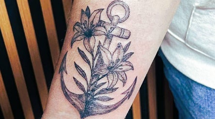 Detailed anchor and flower tattoo at Indecisive Create in Auckland, Auckland, NZ.
