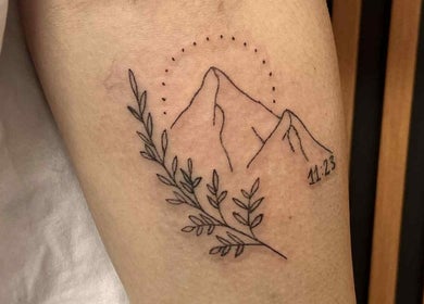 Minimalist mountain tattoo on arm at Indecisive Create, Auckland, Auckland, NZ.