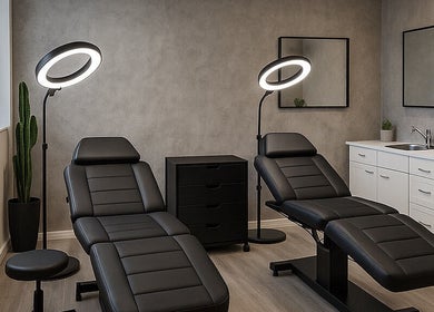 Sophisticated treatment room at Pink Cloud Studio, Dee Why, New South Wales, AU, features modern black chairs.