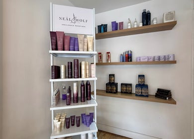 Stylish display of beauty products at Kyleramsdenhair Co/Cobane, Stockport, England, GB.