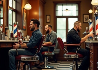 Men relaxing in vintage barber chairs at Shelbi Releford, Monteagle, TN, US.