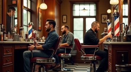 Men relaxing in vintage barber chairs at Shelbi Releford, Monteagle, TN, US.
