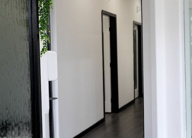 Calming hallway at The Skin Factory Inc, Abbotsford, British Columbia, CA, featuring a lush plant wall.