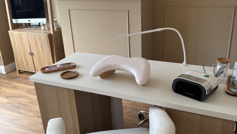 Elegant manicure station at Olivia Jean Nail Studio, Derby, England, GB, featuring modern nail care tools.