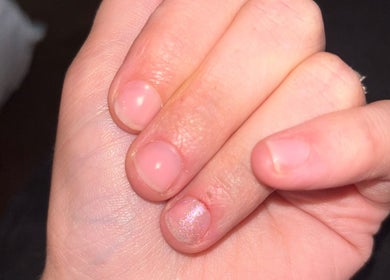 Close-up of elegant nails with shimmer at NJK beauty, Shirebrook, England, GB.