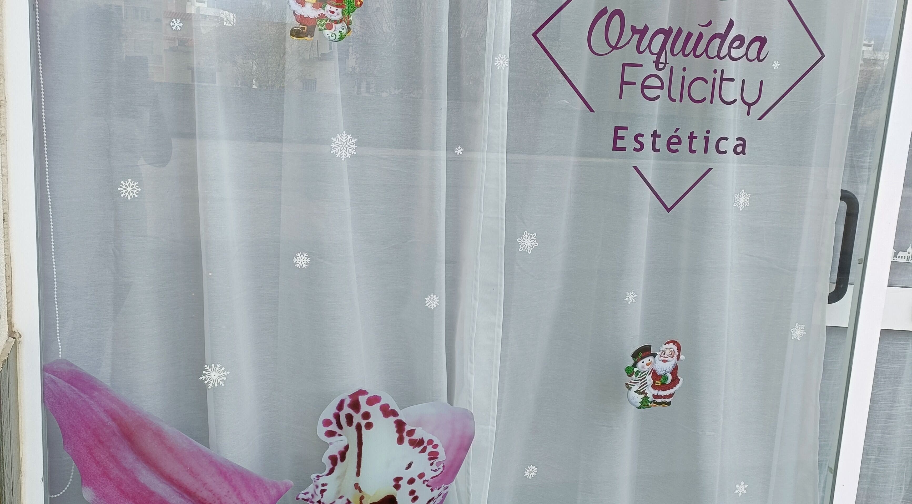 Entrada decorada no Orquídea Felicity em Setúbal, Setúbal, PT, com cortina e ornamentos de Natal.