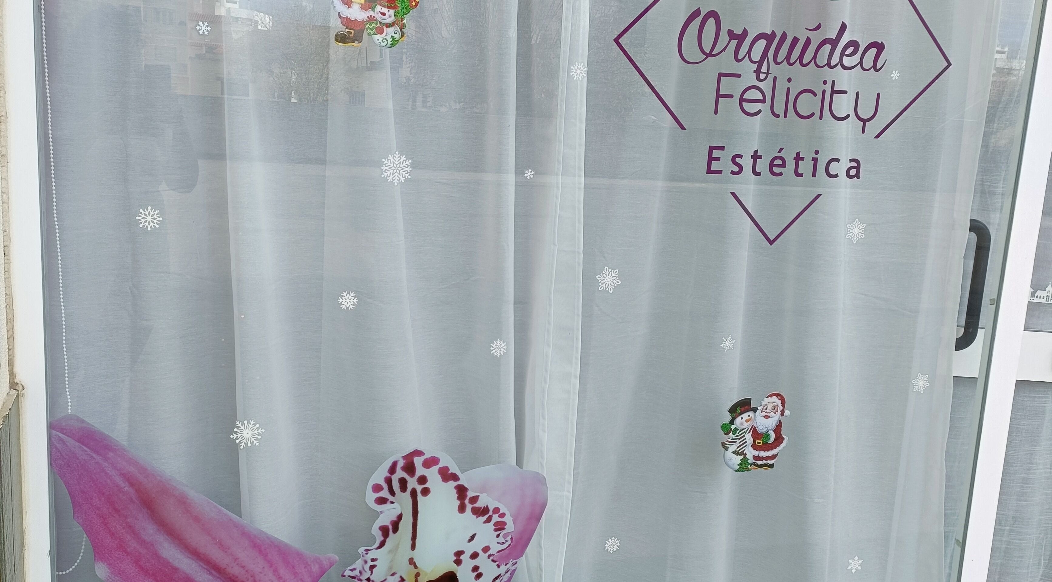 Entrada decorada no Orquídea Felicity em Setúbal, Setúbal, PT, com cortina e ornamentos de Natal.