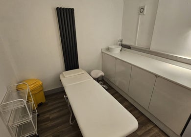 Calm treatment room at York Medical Aesthetics and Massage, York, England, GB, featuring a cozy massage bed.