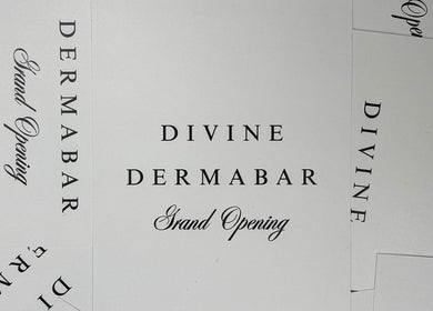 Divine Dermabar Grand Opening invitation card in Toronto, Ontario, CA, showcasing elegant typography.