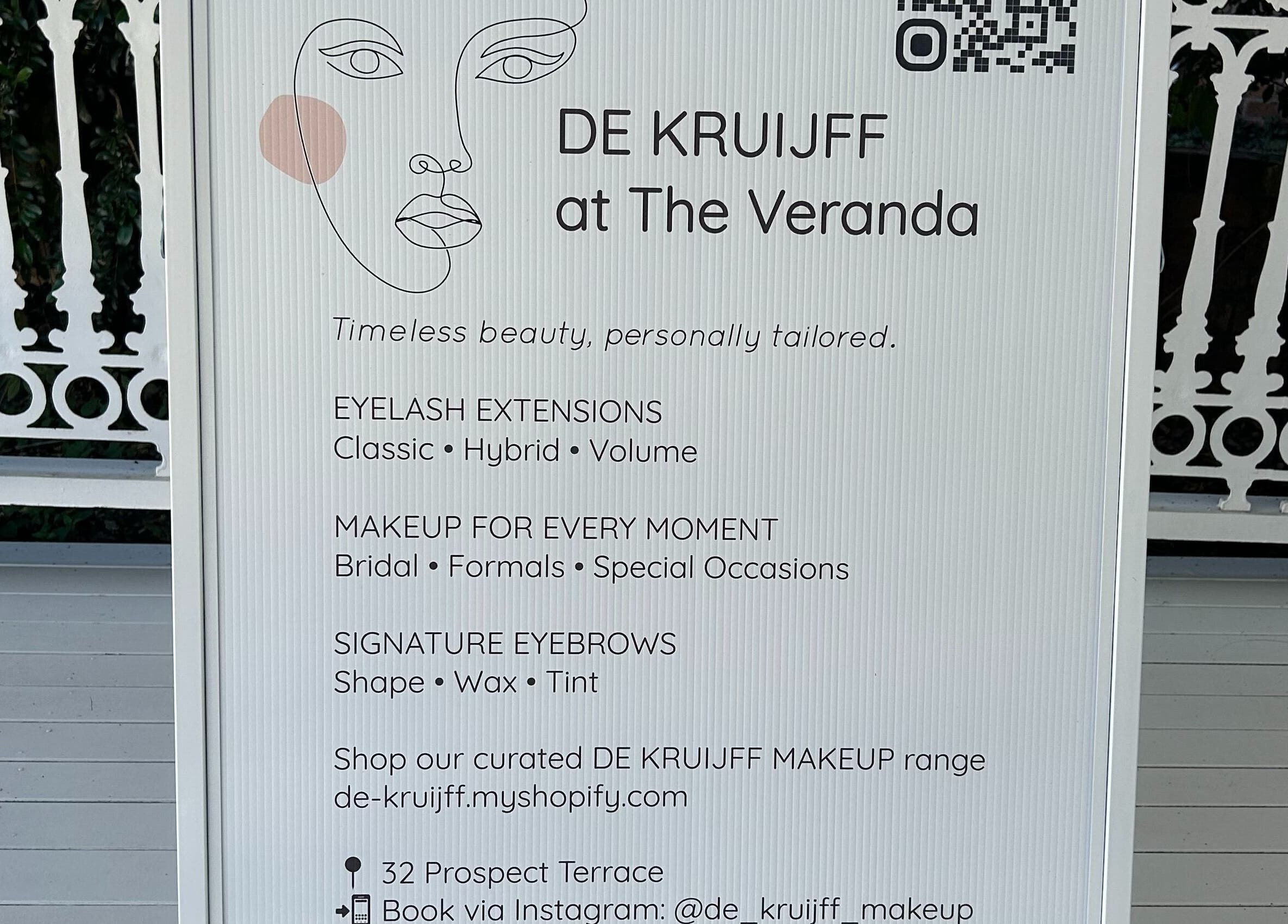 DE KRUIJFF at the Veranda offers beauty services in Highgate Hill, Queensland, AU with a chic illustrative sign.