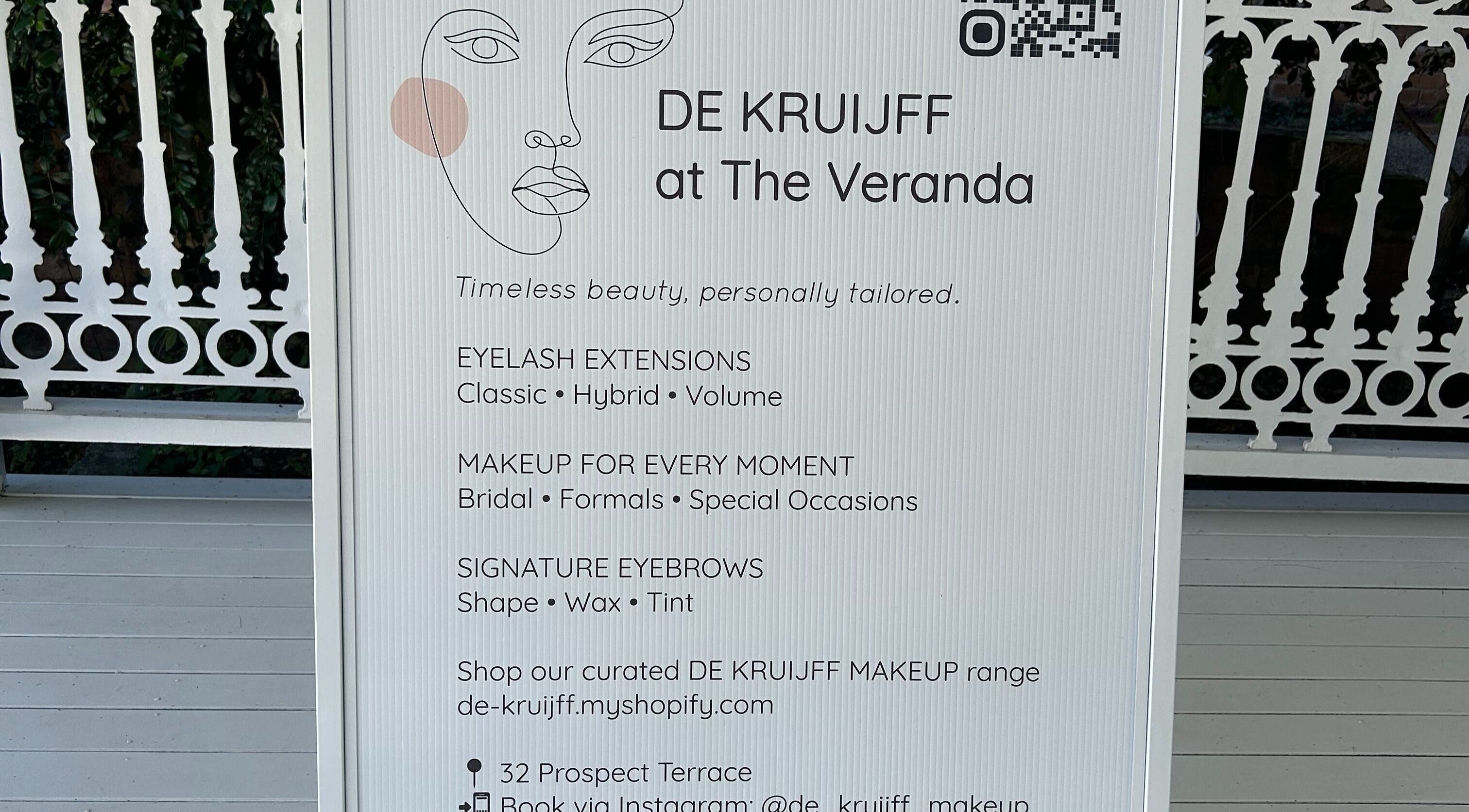 DE KRUIJFF at the Veranda offers beauty services in Highgate Hill, Queensland, AU with a chic illustrative sign.