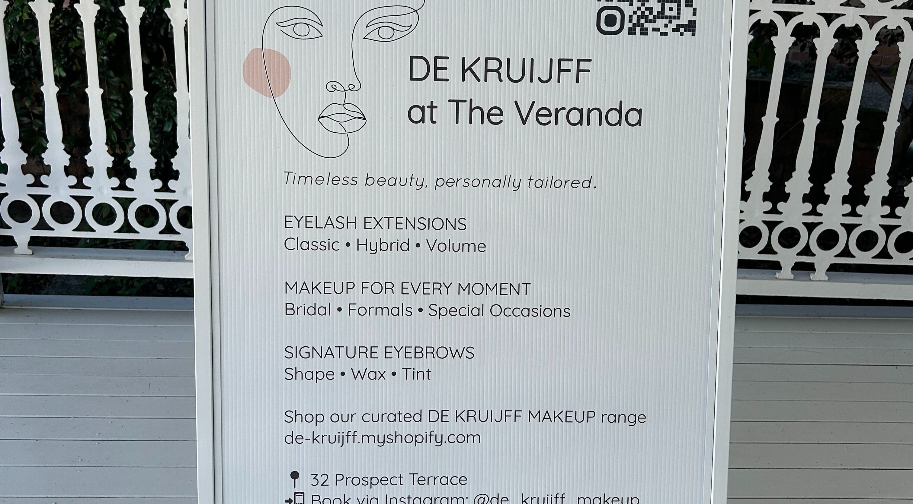 DE KRUIJFF at the Veranda offers beauty services in Highgate Hill, Queensland, AU with a chic illustrative sign.