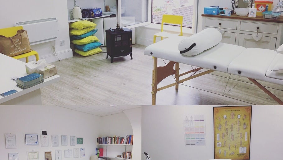 Modern, serene treatment room at Boston Spa Acupuncture and Yoga, Leeds, England, GB, featuring bright decor.