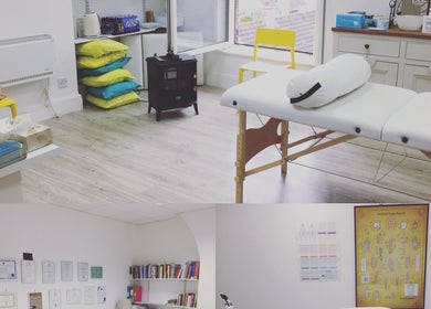 Modern, serene treatment room at Boston Spa Acupuncture and Yoga, Leeds, England, GB, featuring bright decor.
