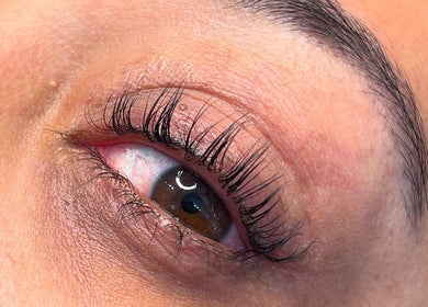 Close-up of eye with elegant lashes at Lash 'N' Wink Essence, Surrey, British Columbia, CA.