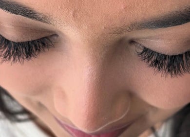 Close-up of elegant eyelash extensions at Lash 'N' Wink Essence, Surrey, British Columbia, CA.