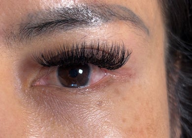 Close-up of luxurious eyelash extensions at Lash 'N' Wink Essence, Surrey, British Columbia, CA.