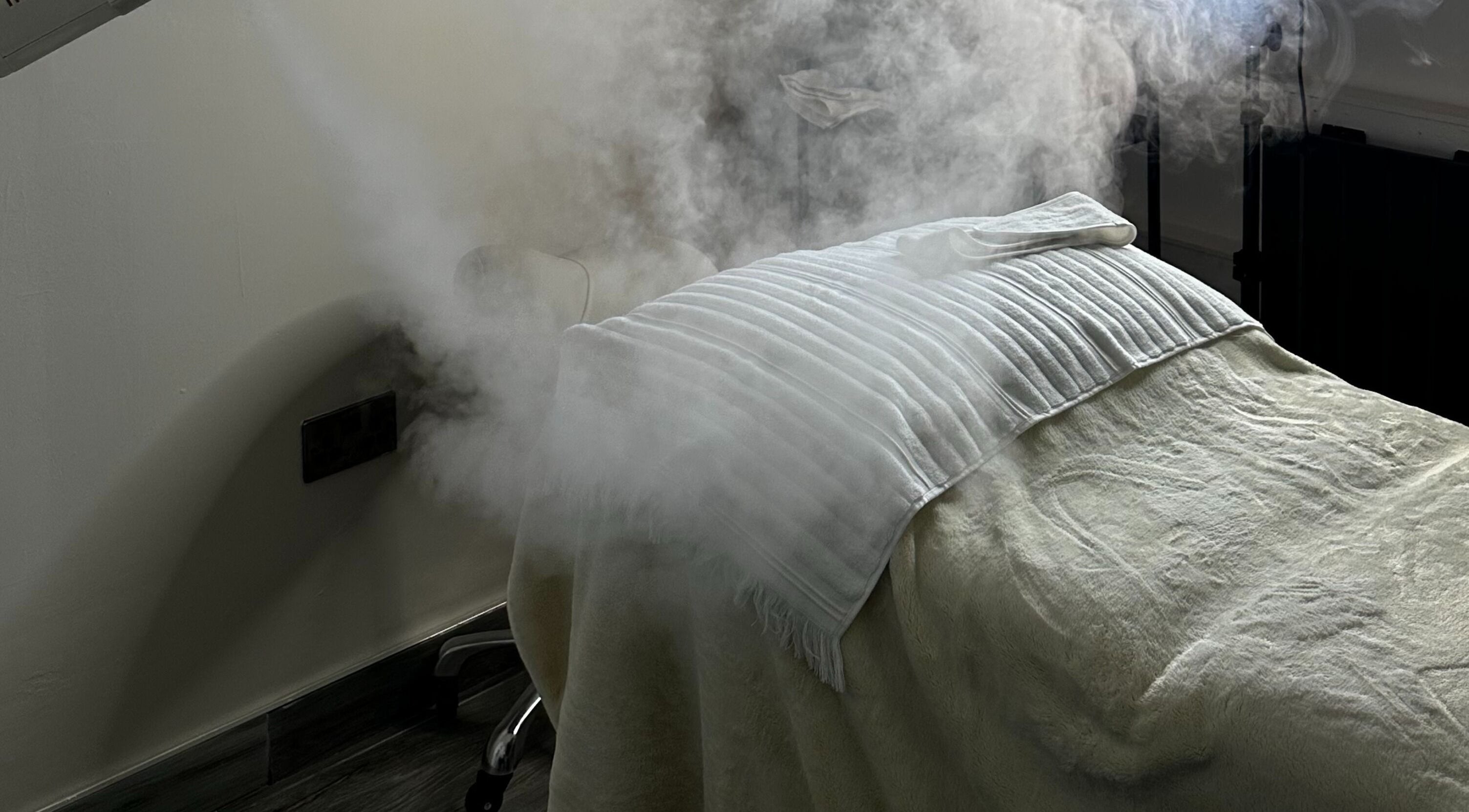 Steam room at Rhianne Orla Skin, Broxburn, Scotland, GB. A spa bed with steam for relaxation.