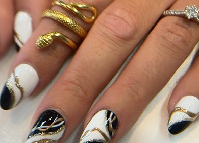 Gold and black nail art design at HABE BEAUTY, Kangaroo Flat, Victoria, AU.