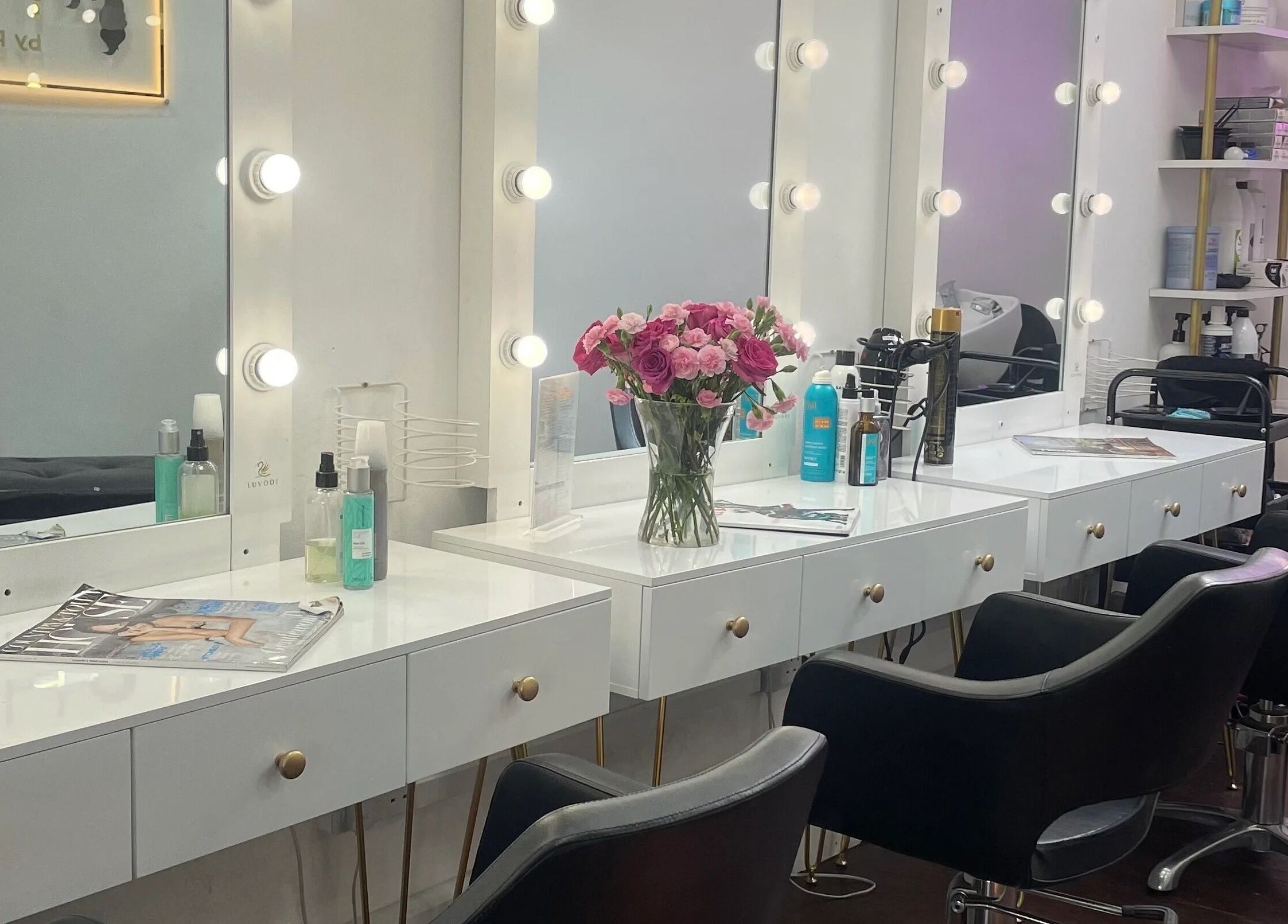Hair By Radoushka salon chairs, mirrors, and styling products in London, England, GB.