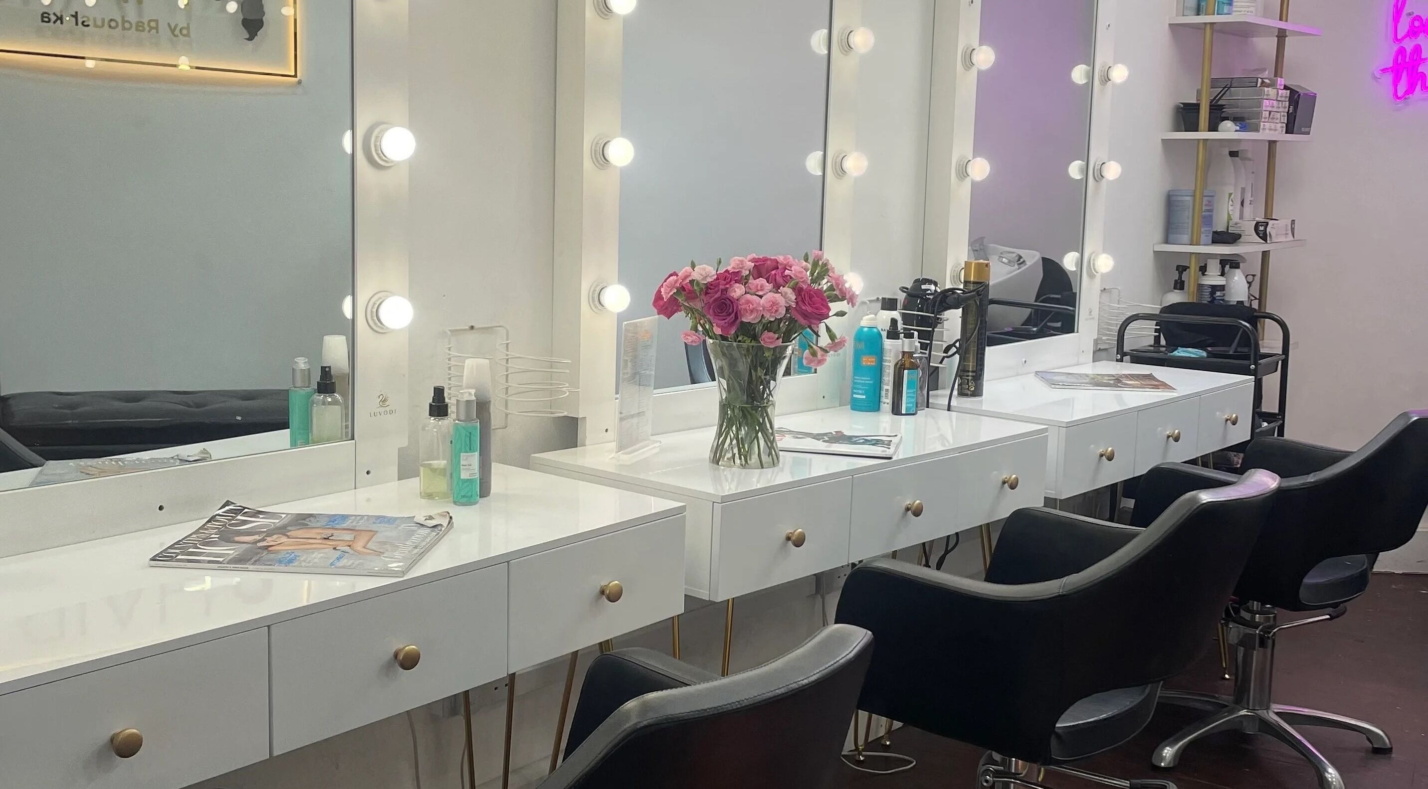 Hair By Radoushka salon chairs, mirrors, and styling products in London, England, GB.