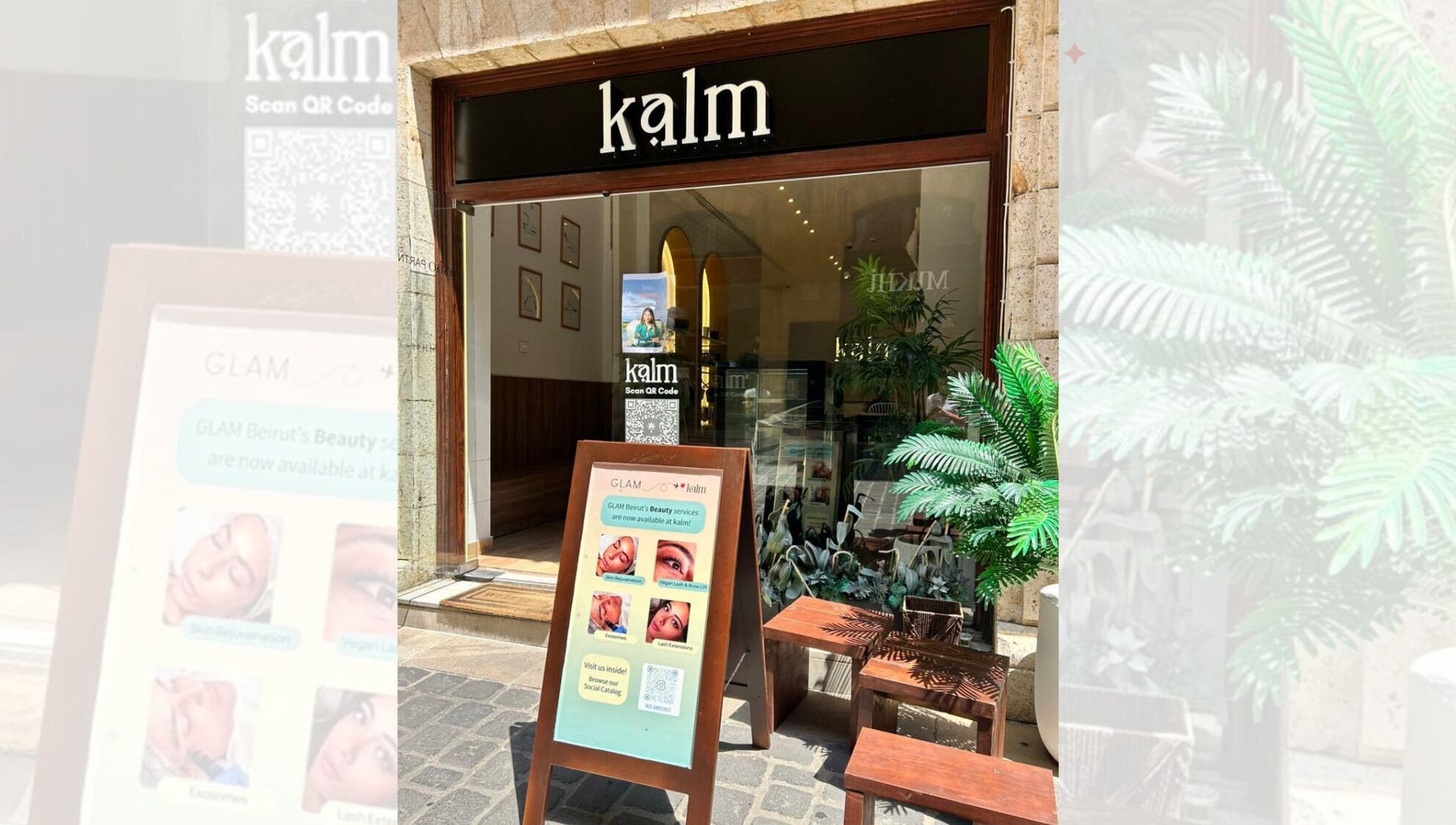 Exterior of GLAM x kalm in Beirut, LB showcasing beauty and wellness offerings with inviting decor.