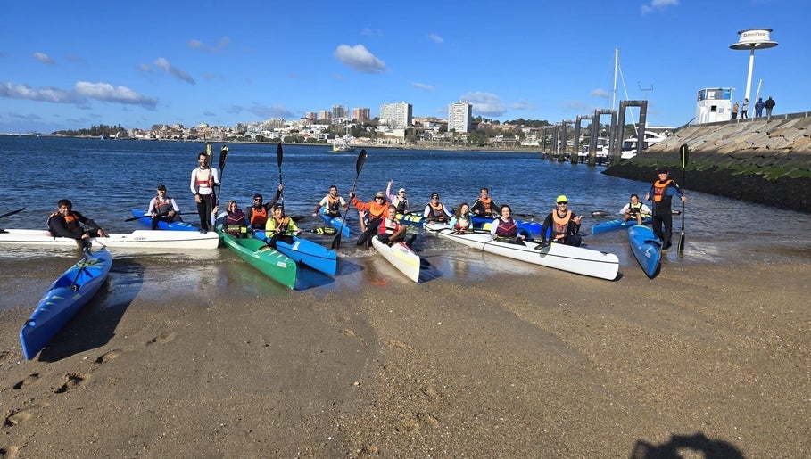 Group of paddlers with kayaks at Nelo & Surfing Porto Paddling Center, Vila Nova De Gaia, Porto, PT.