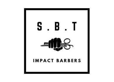 S.B.T Impact Barbers logo featuring a hand with scissors in Old Sarum, England, GB.