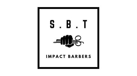 S.B.T Impact Barbers logo featuring a hand with scissors in Old Sarum, England, GB.