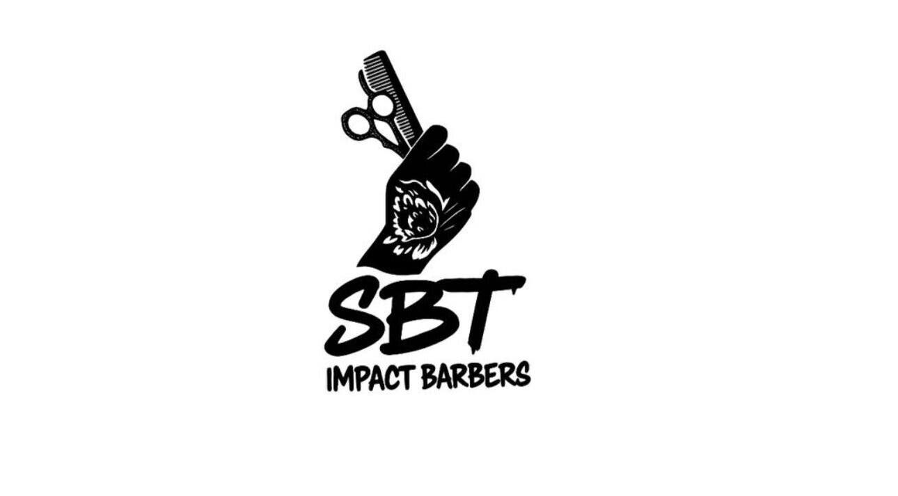 Logo of S.B.T Impact Barbers featuring scissors and comb, located in Old Sarum, England, GB.