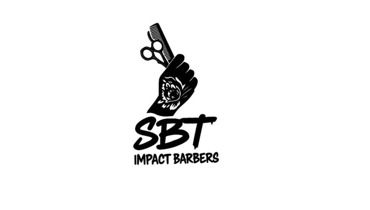 S.B.T Impact Barbers logo featuring scissors and comb in Old Sarum, England, GB.