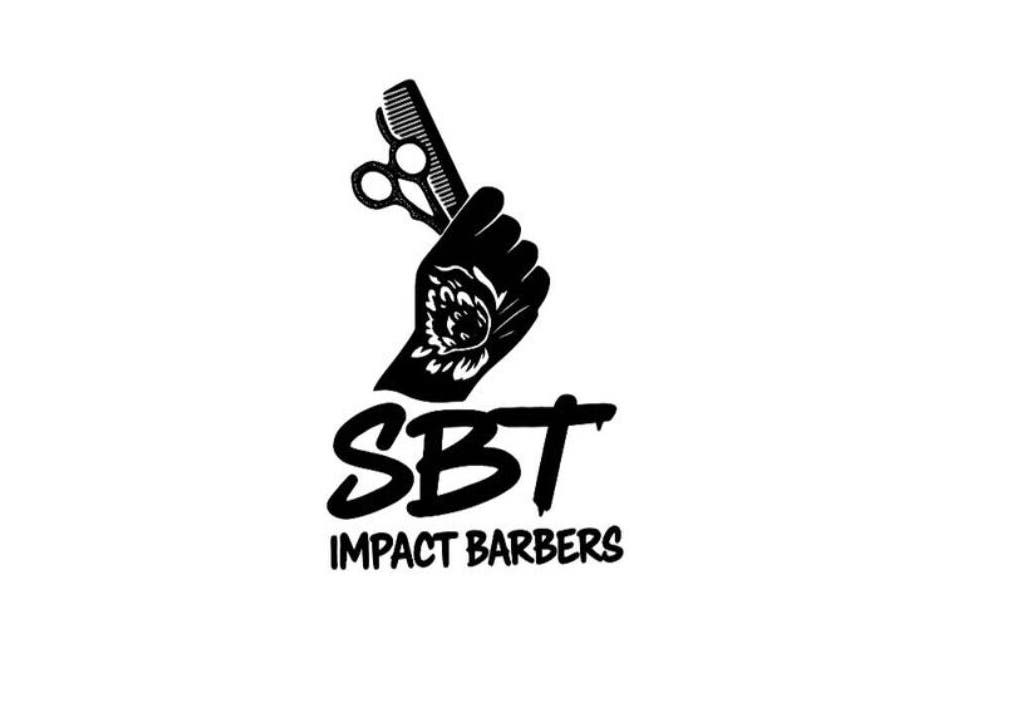 Logo of S.B.T Impact Barbers, Old Sarum, England, GB showing a hand holding scissors and comb.