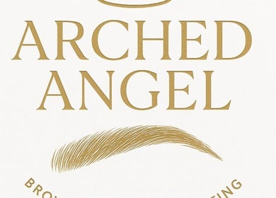Arched Angel logo with gold lettering and brow design in Buckley, Wales, GB.