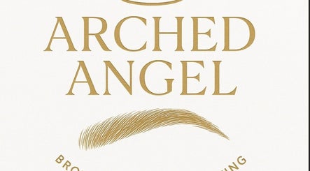 Arched Angel logo with gold lettering and brow design in Buckley, Wales, GB.