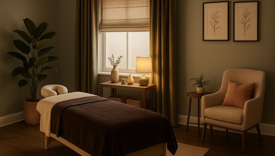 Cozy massage room at Adree Thompson Massage in Redmond, Oregon, US. Relaxing ambiance with soft lighting.