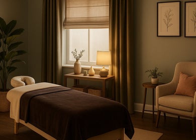 Cozy massage room at Adree Thompson Massage in Redmond, Oregon, US. Relaxing ambiance with soft lighting.
