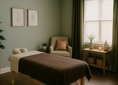 Relaxing spa room at Adree Thompson Massage in Redmond, Oregon, US with massage table and calming decor.