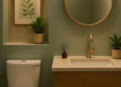 Elegant restroom at Adree Thompson Massage, Redmond, Oregon, featuring plants and art for a serene ambiance.
