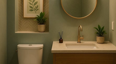 Elegant restroom at Adree Thompson Massage, Redmond, Oregon, featuring plants and art for a serene ambiance.