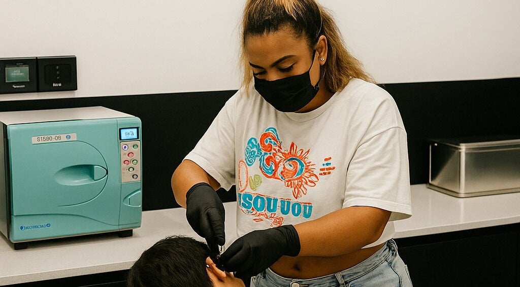 Artisan expert à Sousou Piercing Lab à Saint-denis réalisant un perçage d'oreille avec soin et précision.