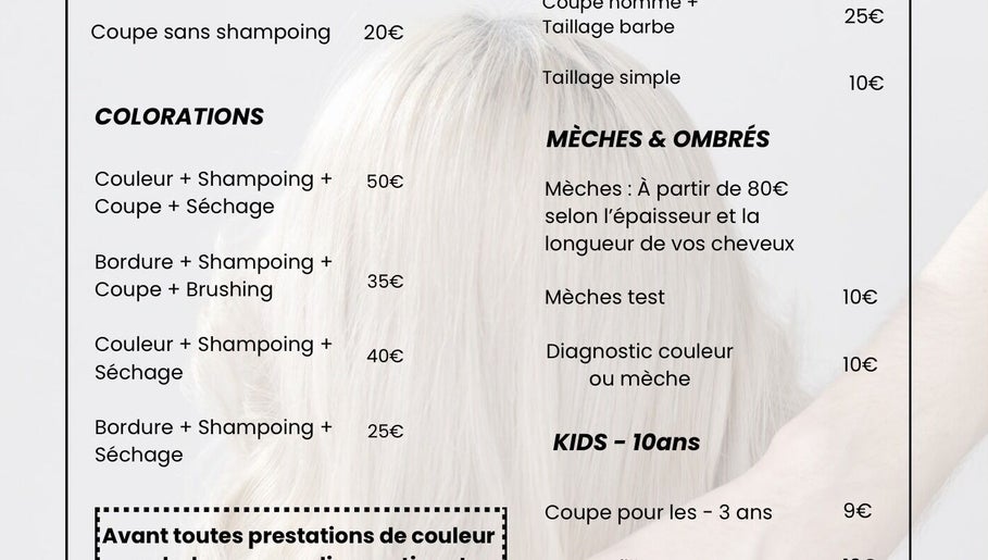 Menu des services de coiffure à L'atelier de Marion, Sauzé-entre-bois, Nouvelle-aquitaine, FR.